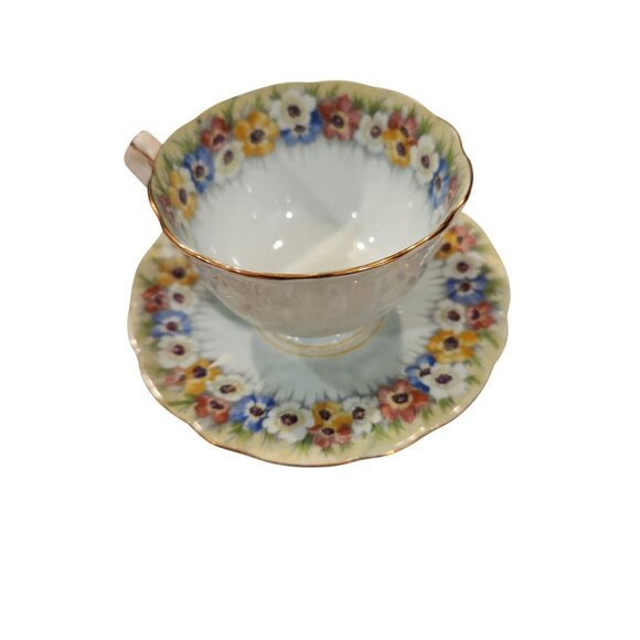 Aynsley Fine Bone China Baby Blue Tea cup with Anemones flowers and saucer - Picture 2 of 4